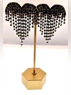 Free People Black Rhinestone Fringe Heart Statement Gold Tone Post Back Earrings